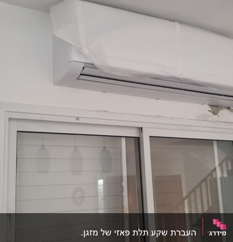 מזגן מותקן על קיר עם חיווט חשמלי גלוי